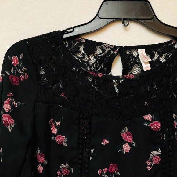 Xhilaration Black Floral Long Sleeve Boxy Blouse Size Medium - Picture 2 of 6